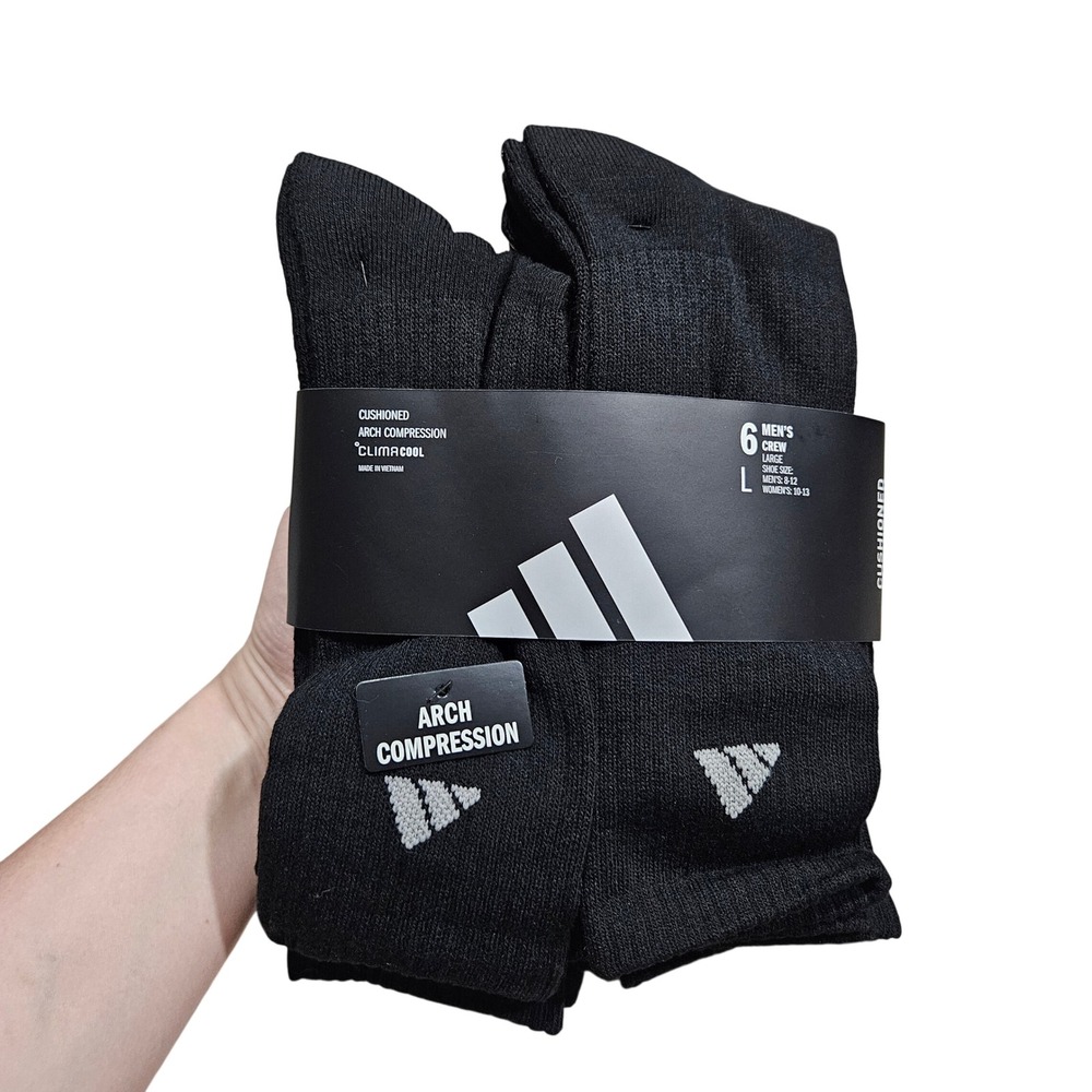Adidas Crew Socks Mens Large Black 6 Pack ClimaCool Cushioned Arch Compression